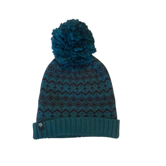 Women OS Mountain Hardwear Northern Lights Beanie Dive Green Stripe Pom Hat Cap - Picture 1 of 5
